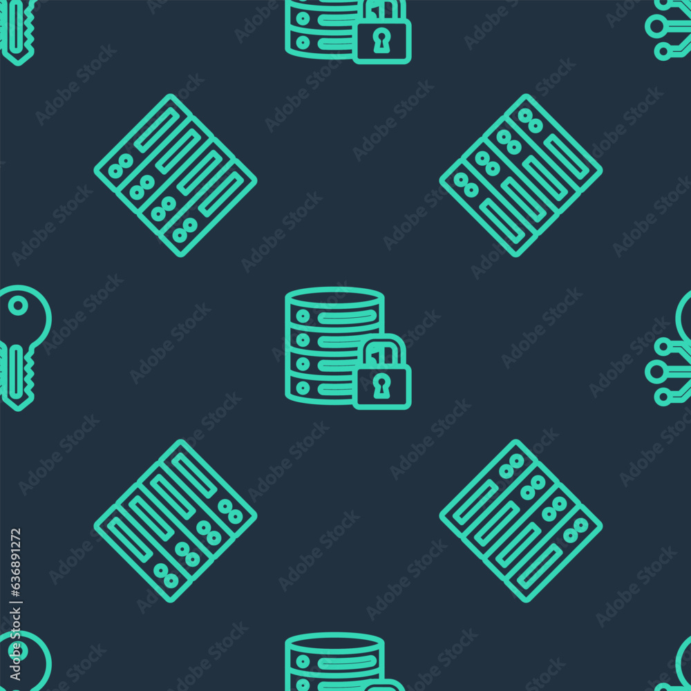 Wall mural Set line Server security with lock, Server, Data, Web Hosting and Cryptocurrency key on seamless pattern. Vector