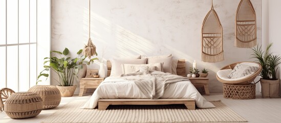 minimal scandinavian bedroom interior design scheme with natural material decorative element...