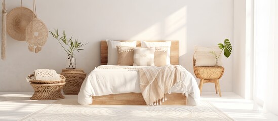 minimal scandinavian bedroom interior design scheme with natural material decorative element...