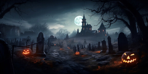 Fototapeta na wymiar Pumpkin zombie Rising Out Of A Graveyard cemetery and church In Spooky scary dark Night full moon. Holiday event halloween banner background. October 31.