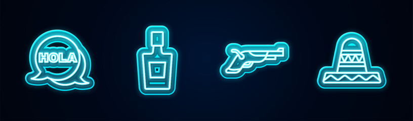Set line Hola, Tequila bottle, Vintage pistols and Mexican sombrero. Glowing neon icon. Vector © vector_v
