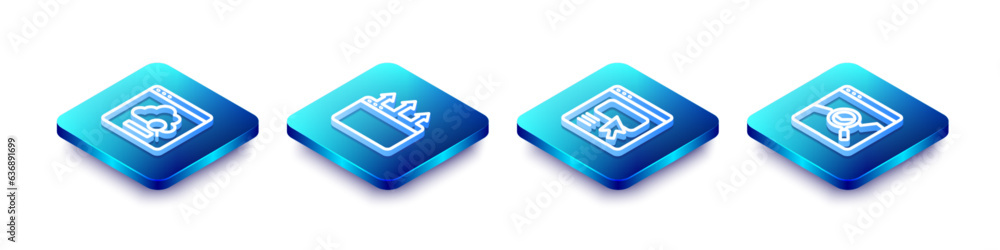 Poster set isometric line cloud technology data transfer, browser window, ui or ux design and website with 
