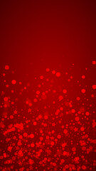 Beautiful snowfall christmas background. Subtle flying snow flakes and stars on christmas red background. Beautiful snowfall overlay template. Vertical vector illustration.