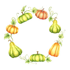 Ripe orange and green pumpkins and leaves. Wreath organic autumn vegetables. Autumn decoration. Isolated. Watercolor frame. It is perfect for thanksgiving and halloween cards or posters
