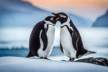 two penguins on the rocks - obrazy, fototapety, plakaty