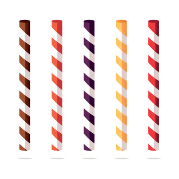 Striped straw for drinking. Flat style. A paper tube for drinks. Drinking tube for cafes, menus, packaging design and decor.