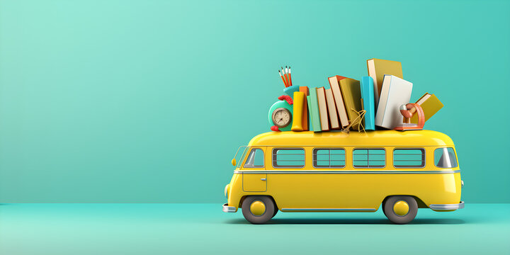 back to school bus on blue green background with copy space
