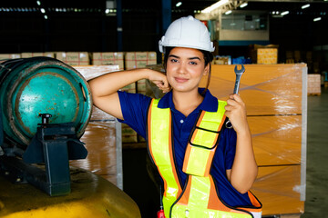 Portrait beautiful asian female worker professional of Indian descent wearing helmet working safety...
