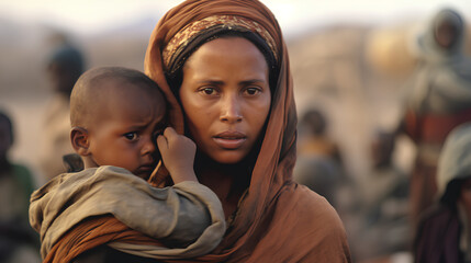 A homeless refugee woman with a child on the street. Migrants. Hunger and poverty. ai