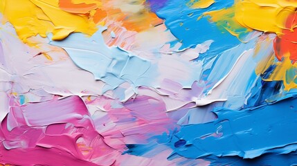 Abstract acrylic paint background in blue, orange, yellow, and pink colors. Closeup of abstract rough colorful