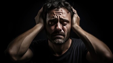 Fototapeta premium Concept of Physical and Psychological Exhaustion. The man's hands hold his head, shoulders slumped, and his facial expression shows tiredness and helplessness.