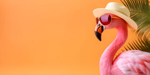 Gardinen Pink flamingo with sunglasses and hat under palm leaf on plain orange summer background with copy space © sam