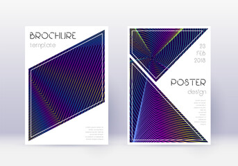 Triangle cover design template set. Rainbow abstract lines on dark blue background. Imaginative cover design. Grand catalog, poster, book template etc.