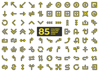 Arrow symbol icon set in pixel perfect, in colored outline style, for directions and user interface as well as for traffic signs. This includes forward, back, turn, reverse, rewind, up and down.