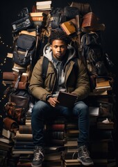 Fototapeta na wymiar Concept of Unspoken Pressure. A person wears a heavy backpack, laden with books and responsibilities, symbolizing the weight of expectations.
