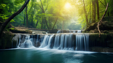 Panoramic beautiful deep forest waterfall. AI Generative.