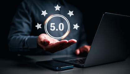 satisfaction, check, choice, mark, survey, consumer, evaluate, choose, feedback, opinion. in palm has cycle symbolic, and middle has score of customer rating feedback from survey. five star put top it