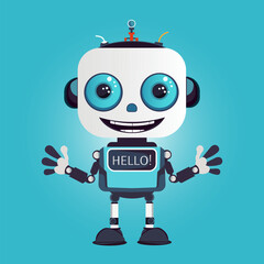 Vector illustration in flat cartoon style, cheerful happy robot waving his hands in greeting. Banner template with text Hello on monitor.
