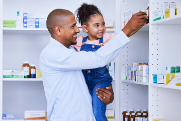 Pharmacy, child help and family with medication, learning and healthcare study for education....