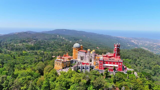 Sintra, Portugal: Aerial view of picturesque castle Pena Palace (Pal&aacute;cio da Pena) - landscape panorama of Europe from above