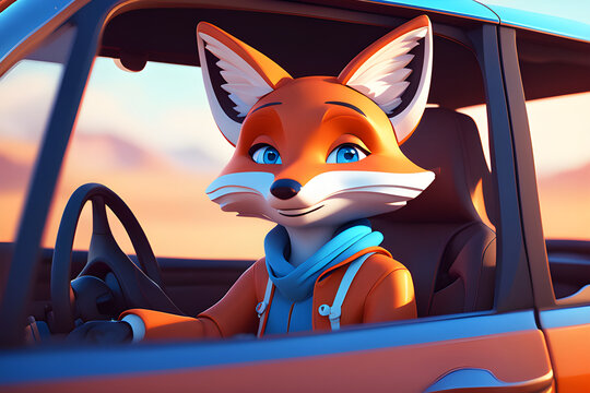 cute fox animated character, blue eyes, illustration, smiling, drving car, on journey, wears cute outfit, Generative AI