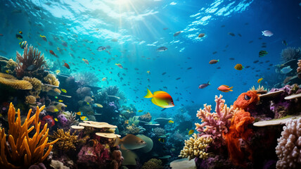 Fototapeta na wymiar A mesmerizing underwater coral reef teeming with colorful fish. AI Generative.