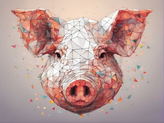 Pig head made of many small triangles with Generative AI.