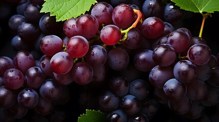 Fresh ripe grapes with water drops background. Berries backdrop, Beautiful selection of freshly picked ripe red wine grapes background, Close-up of fresh juicy grapes growing