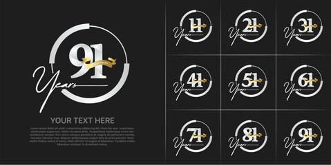 set of anniversary logo with silver number in circle and golden ribbon can be use for celebration
