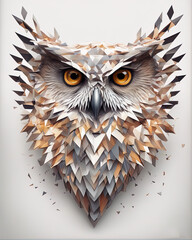 Owl made of many small triangles in white background with Generative AI.