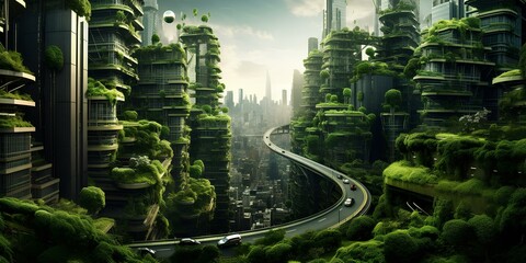 Fototapeta na wymiar The green city of the future, the concept of green renewable energy.