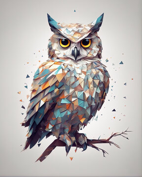 Owl made of many small triangles in white background with Generative AI.