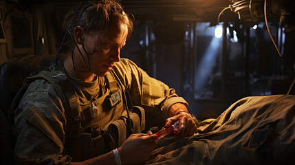 A combat medic utilizing advanced medical equipment to assess and treat injuries, highlighting their technical expertise 