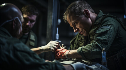 Obraz na płótnie Canvas An image of combat medics practicing medical procedures during training, showcasing their dedication to maintaining readiness 