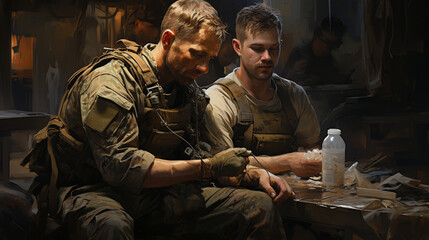 A combat medic administering pain relief medication to an injured soldier, offering comfort and relief in a challenging environment 