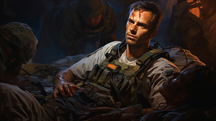 Fototapeta premium A combat medic in the midst of triaging multiple casualties, showcasing their ability to prioritize care in high-stress situations 
