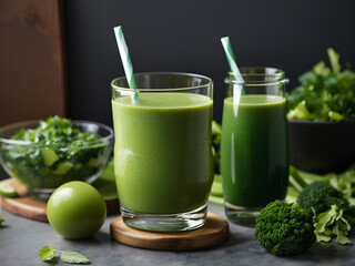 Fototapeta premium A glass of green smoothie next to a glass of green juice on a table 