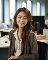 Image of smiling woman sitting at her desk in office