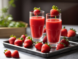 A glass of strawberry juice and strawberries on a plate