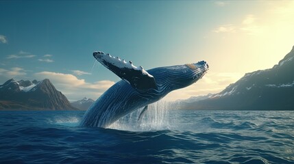 Fototapeta premium Image of magnificent humpback whale emerges over the blue water surface