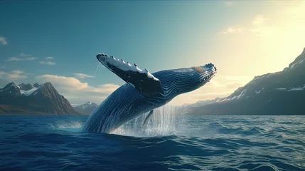 Muurstickers Image of magnificent humpback whale emerges over the blue water surface © Kartika