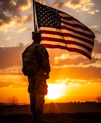 Deurstickers Ochtendgloren Soldier and USA flag on sunrise background . Veterans Day.