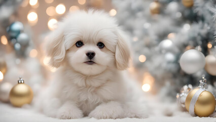 白い子犬とクリスマスの飾り
