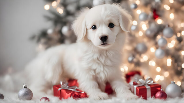 白い子犬とクリスマスの飾り