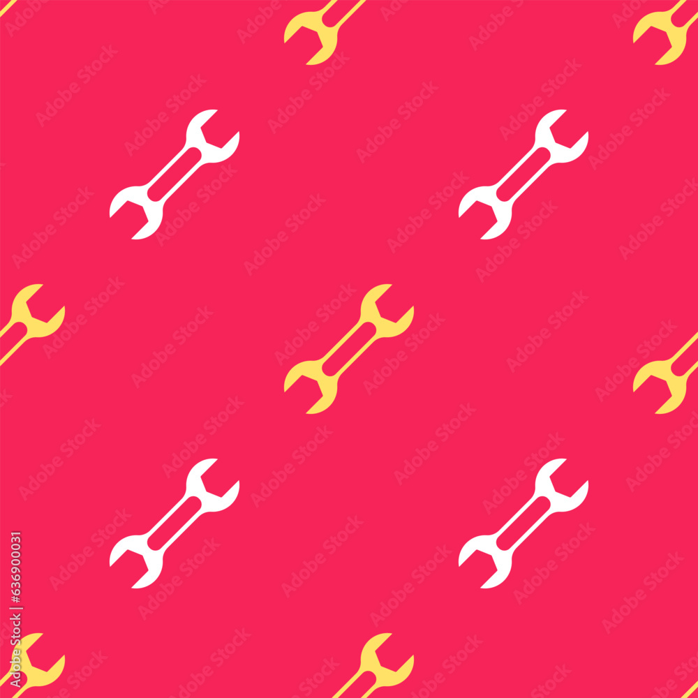 Poster yellow wrench spanner icon isolated seamless pattern on red background. vector