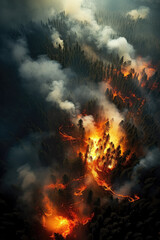 Forest in Fire Abstract Background, Aerial View	