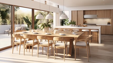 contemporary house design creative decor dining area in natural minimal natural material colour scheme warm and cosy feeling clean and clear space organize house beautiful background,ai generate
