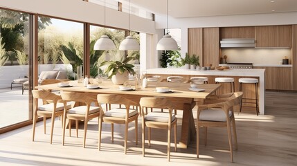 Obraz premium contemporary house design creative decor dining area in natural minimal natural material colour scheme warm and cosy feeling clean and clear space organize house beautiful background,ai generate