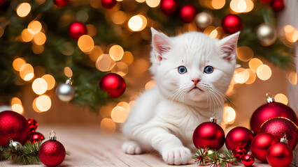 Obraz premium 白い子猫とクリスマスの飾り