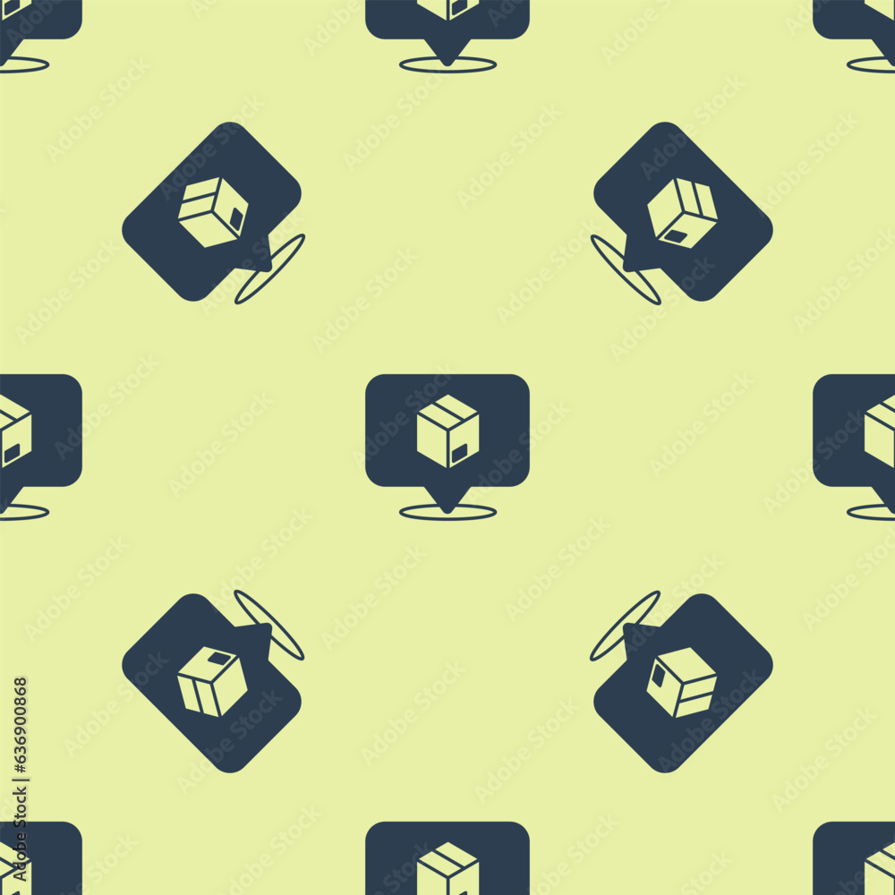 Poster blue location with cardboard box icon isolated seamless pattern on yellow background. delivery servi